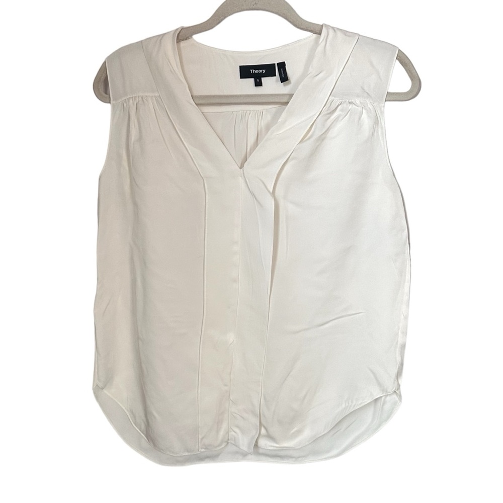 Theory Womens Size S Silk Ivory V-Overlay Flap Top V-Neck Sleeveless Blouse